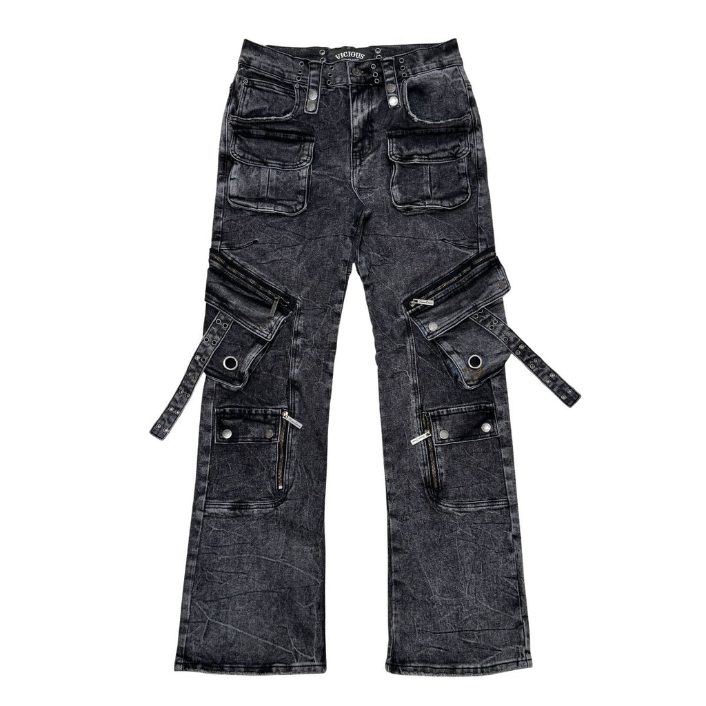 VICIOUS Multi Cargo Relaxed/Baggy Jeans - Washed Black