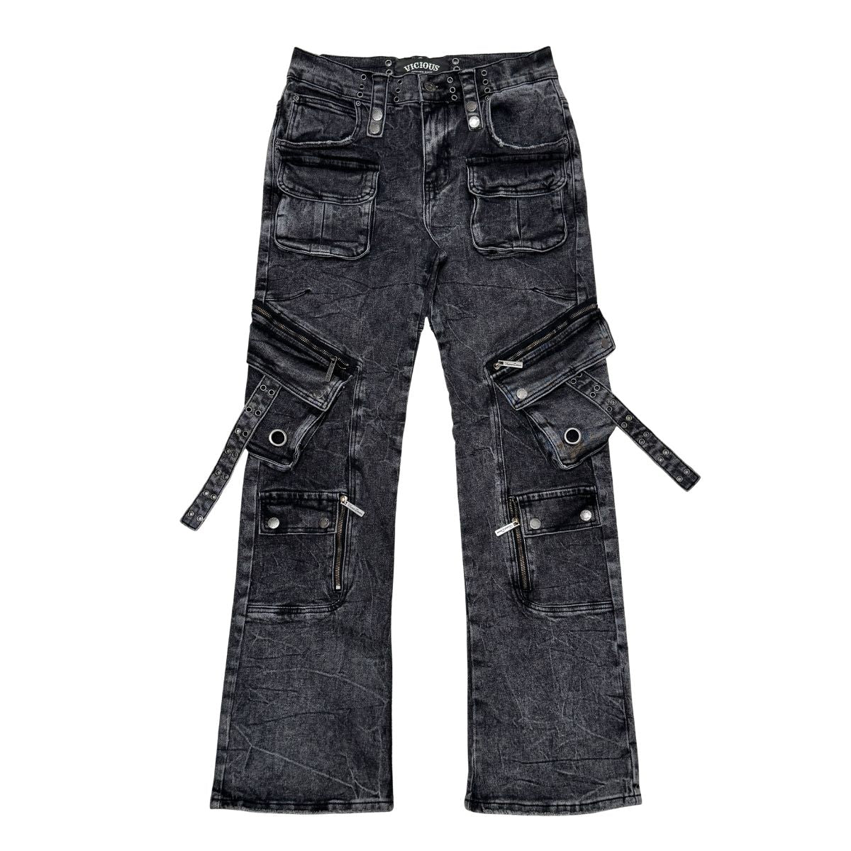 VICIOUS Multi Cargo Relaxed/Baggy Jeans - Washed Black