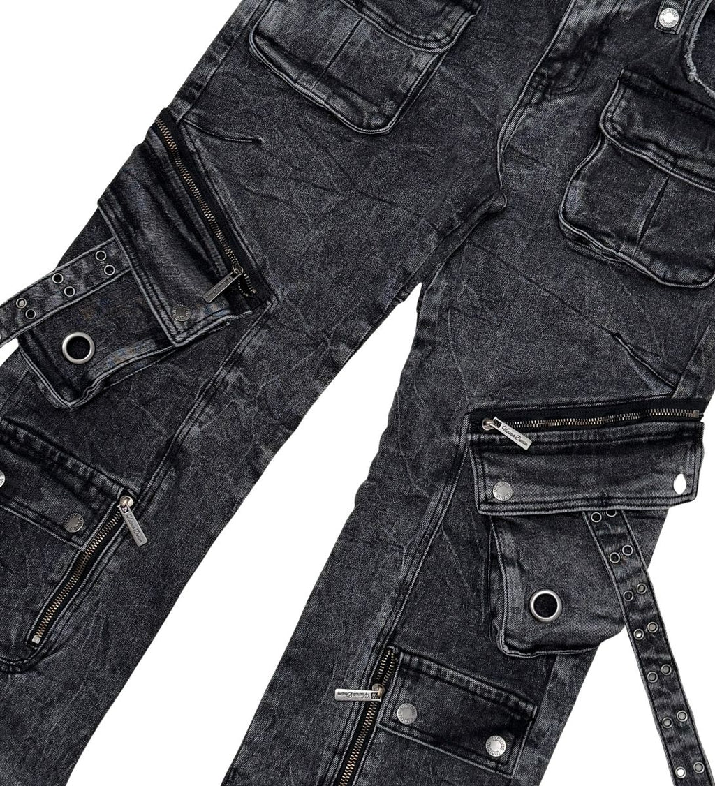 VICIOUS Multi Cargo Relaxed/Baggy Jeans - Washed Black