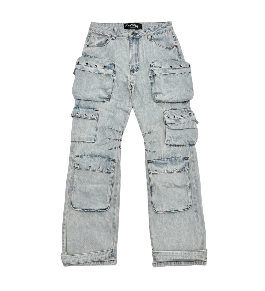 VICIOUS Multi Cargo Utility Relaxed/Straight Jeans - Light Blue