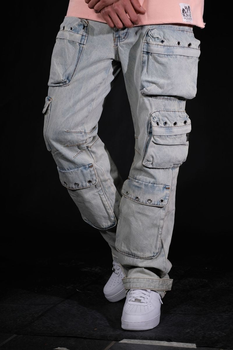 VICIOUS Multi Cargo Utility Relaxed/Straight Jeans - Light Blue