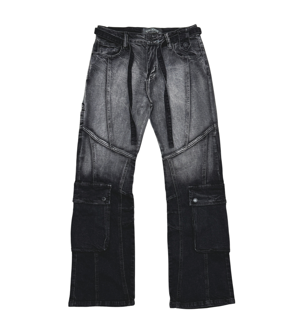 VICIOUS Washed Cargo With Waist Strap Jeans - Washed Black