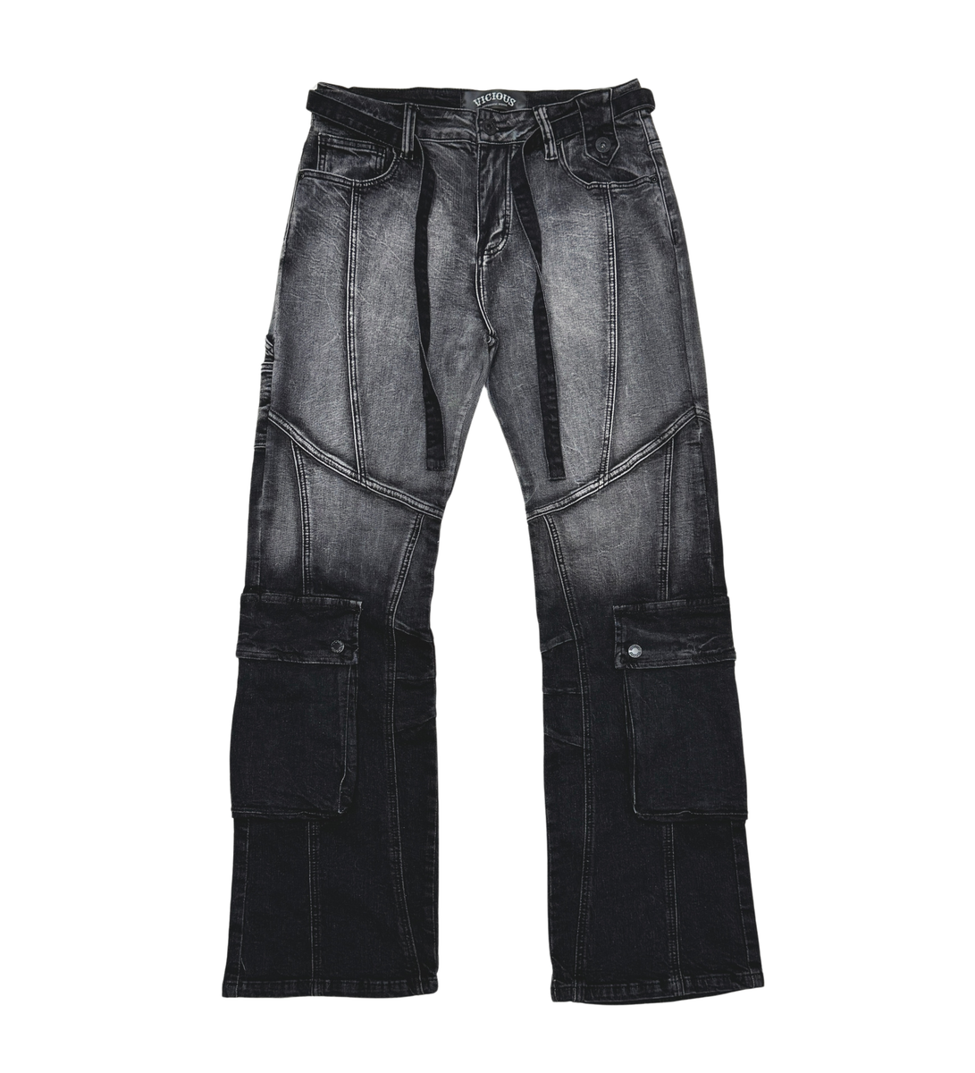 VICIOUS Washed Cargo With Waist Strap Jeans - Washed Black