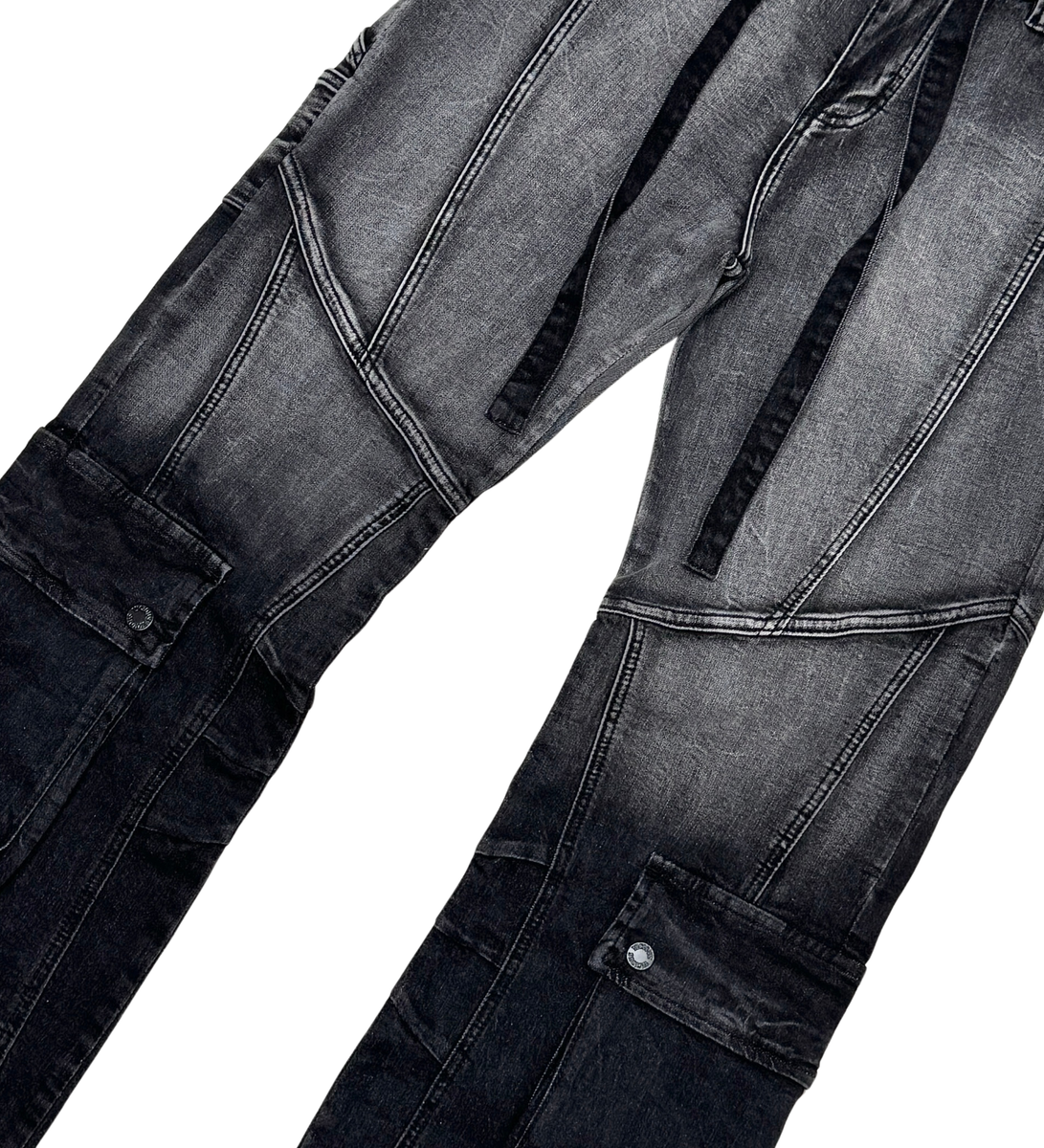VICIOUS Washed Cargo With Waist Strap Jeans - Washed Black