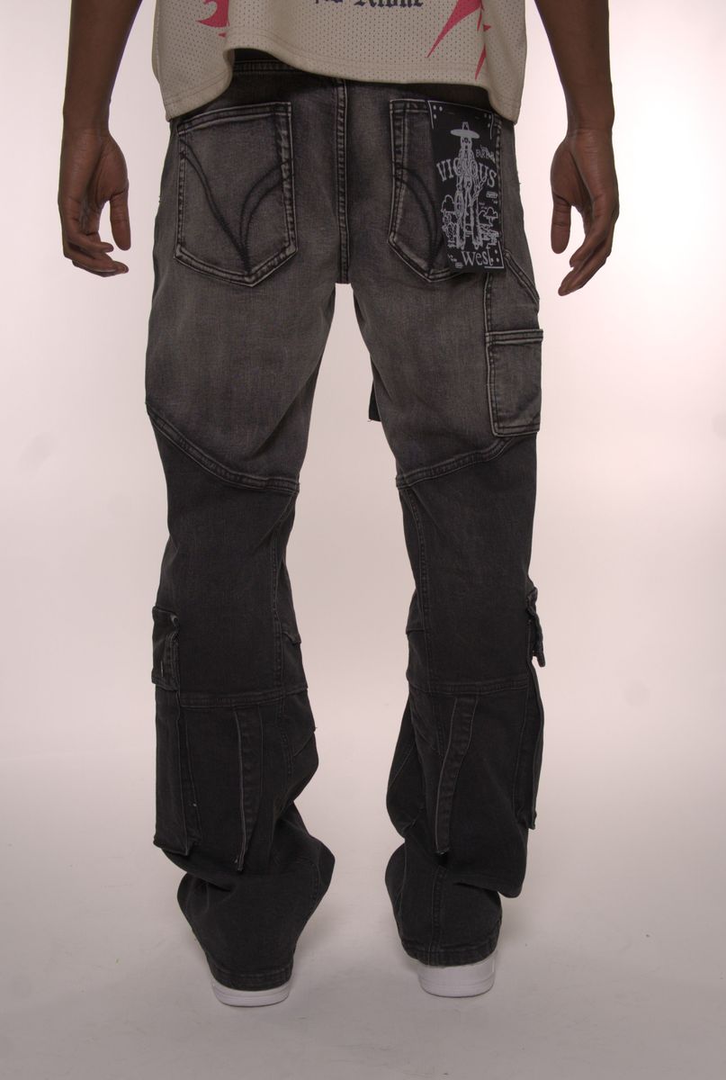 VICIOUS Washed Cargo With Waist Strap Jeans - Washed Black