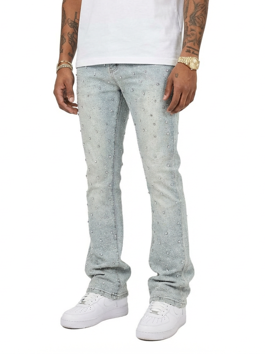 VICOUS Rhinestone Stacked Jeans - Light Blue