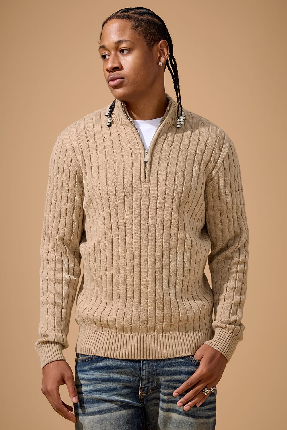 Jordan Craig Montauk Quarter Zip Cable Knit Sweater - Mocha
