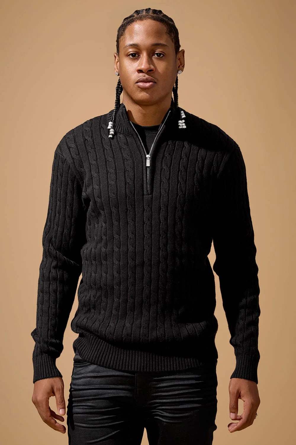 Jordan Craig Montauk Quarter Zip Cable Knit Sweater - Black
