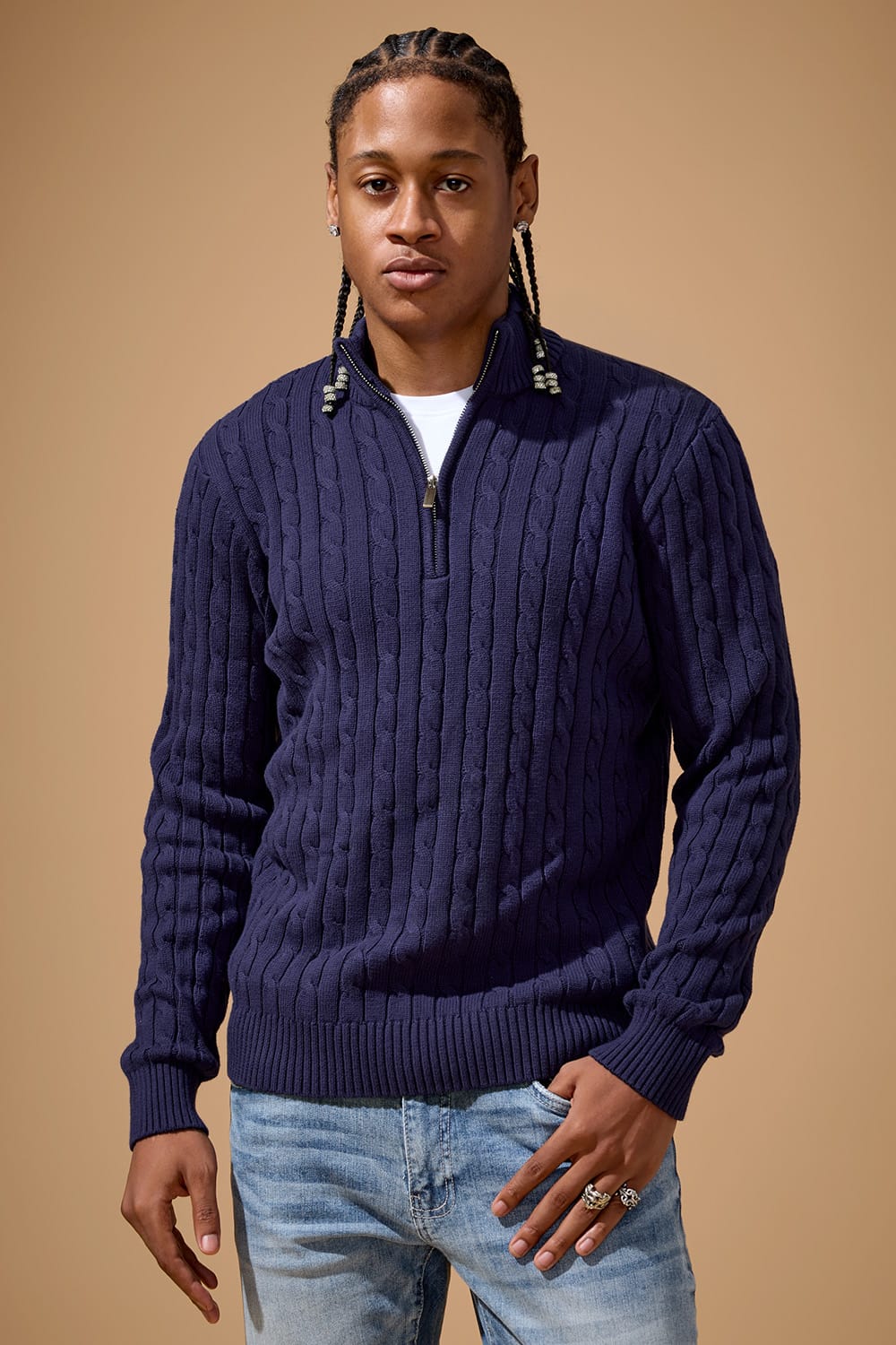 Jordan Craig Montauk Quarter Zip Cable Knit Sweater - Navy