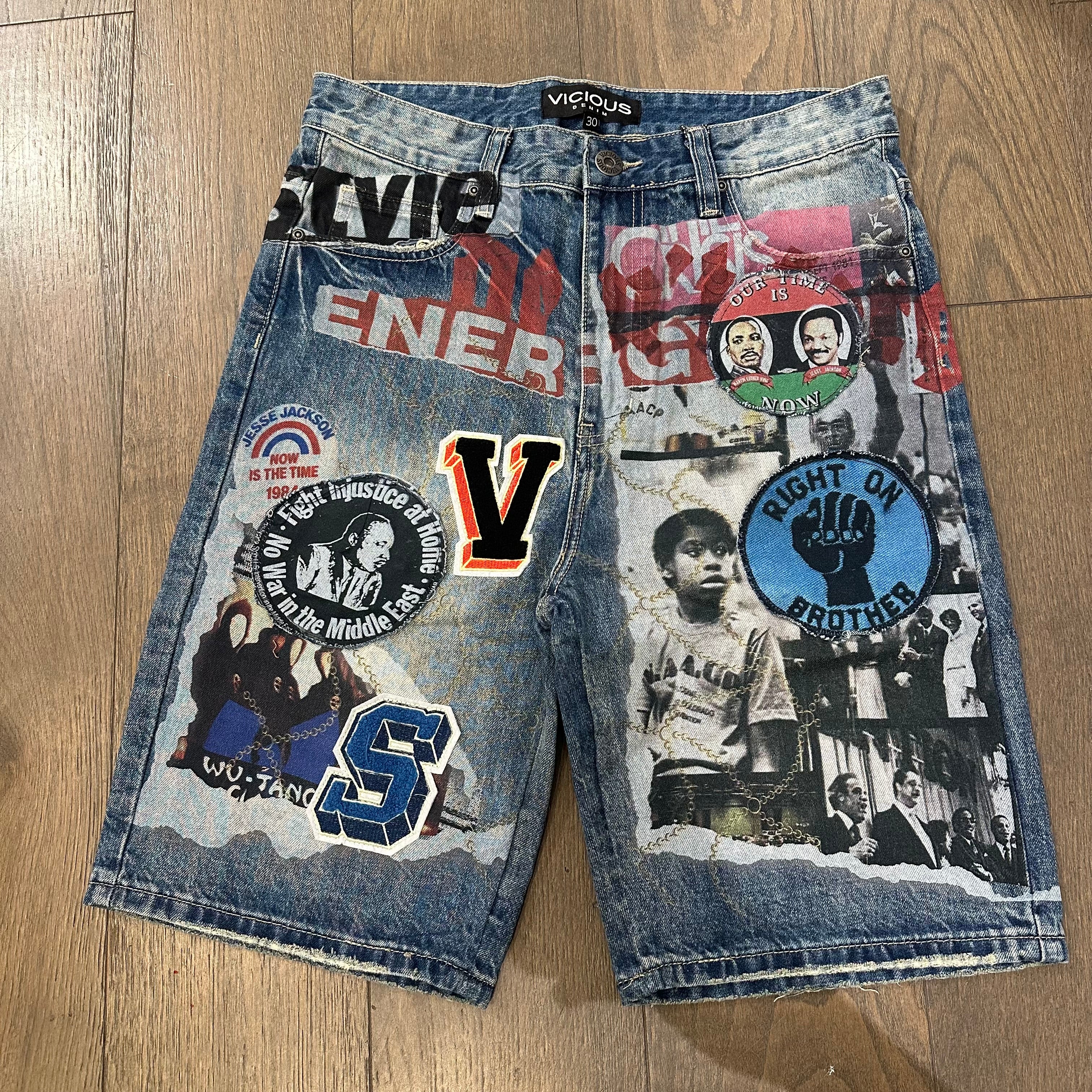 Vicious Printed & Patch Work Shorts - Denim Blue