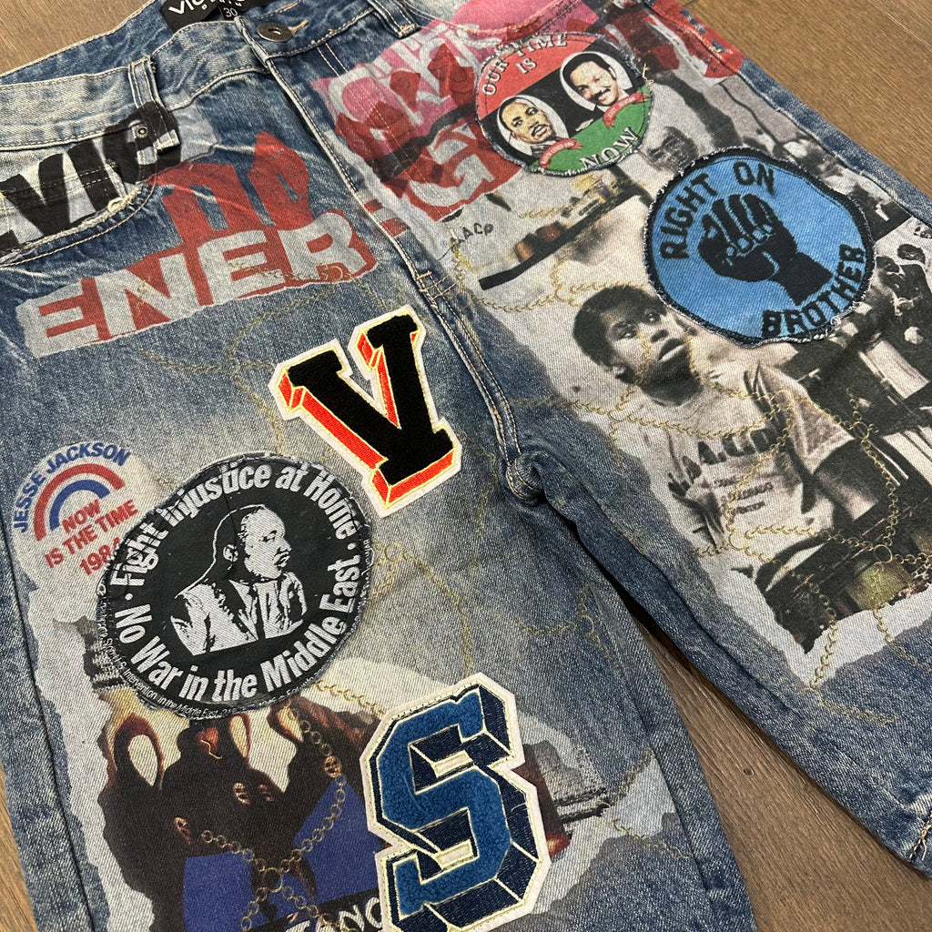 Vicious Printed & Patch Work Shorts - Denim Blue