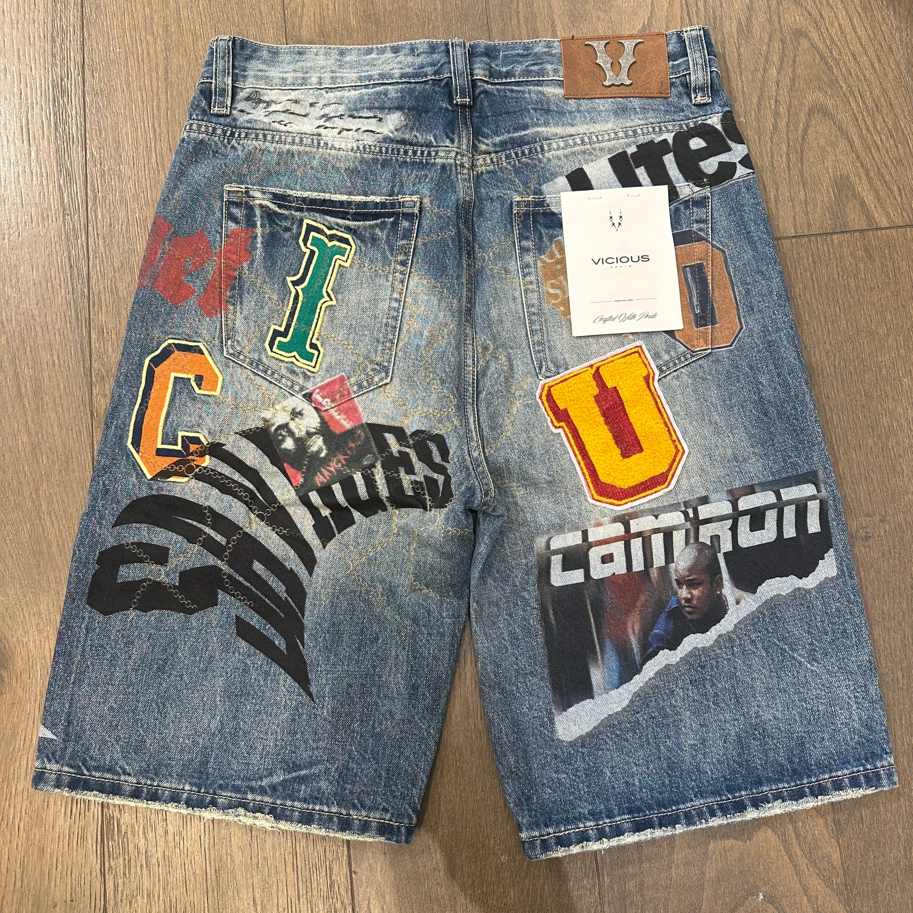 Vicious Printed & Patch Work Shorts - Denim Blue