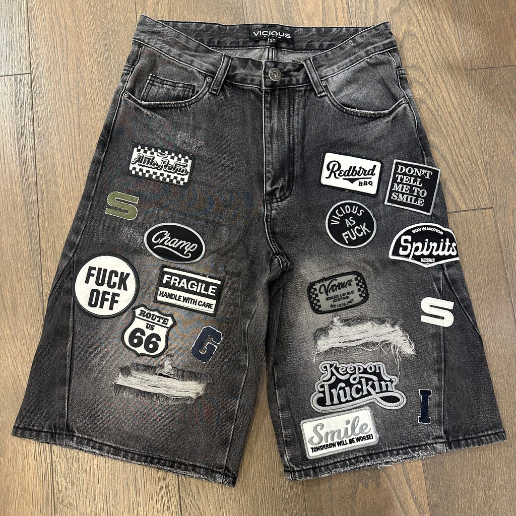 Vicious Moto Patch Work Shorts - Washed Black