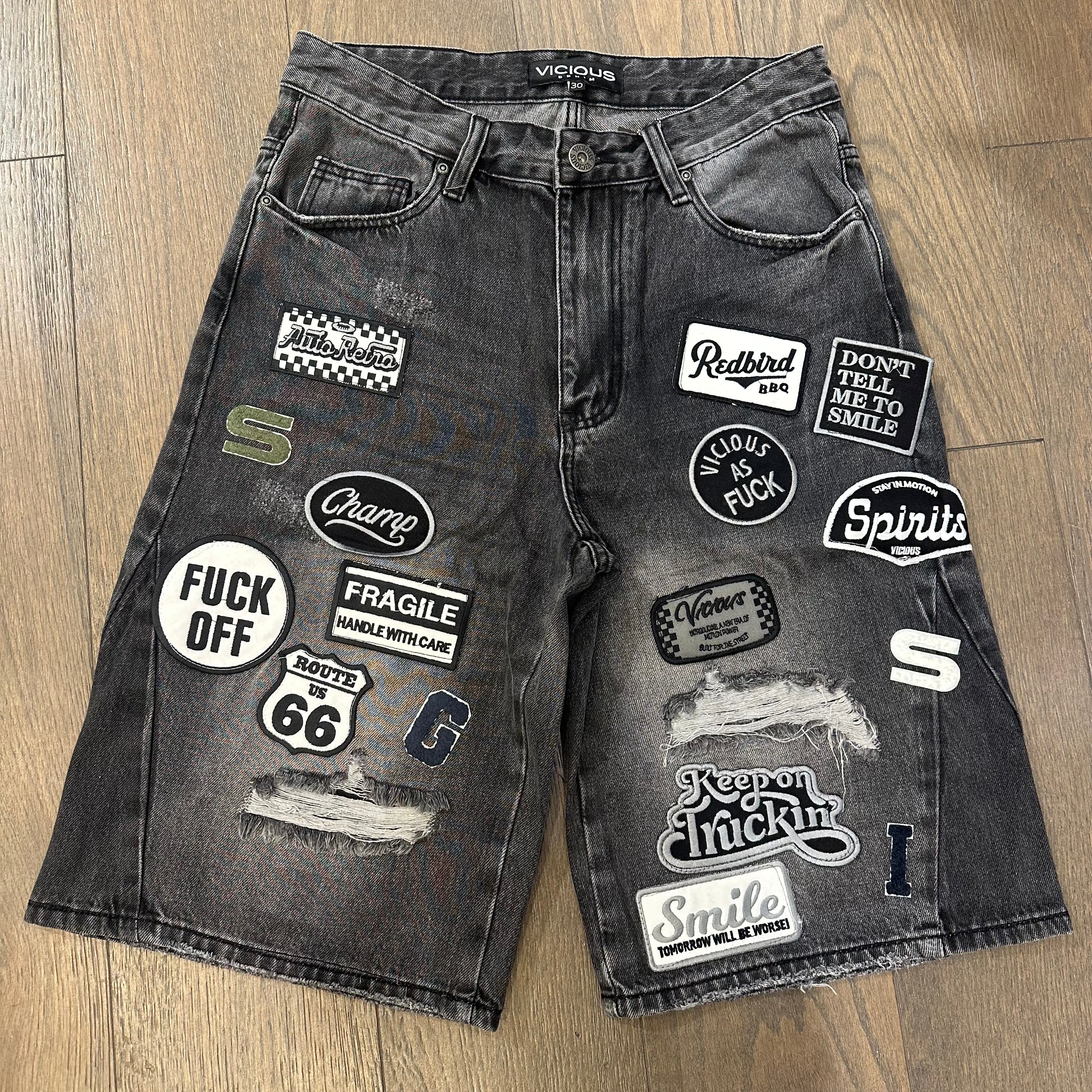 Vicious Moto Patch Work Shorts - Washed Black