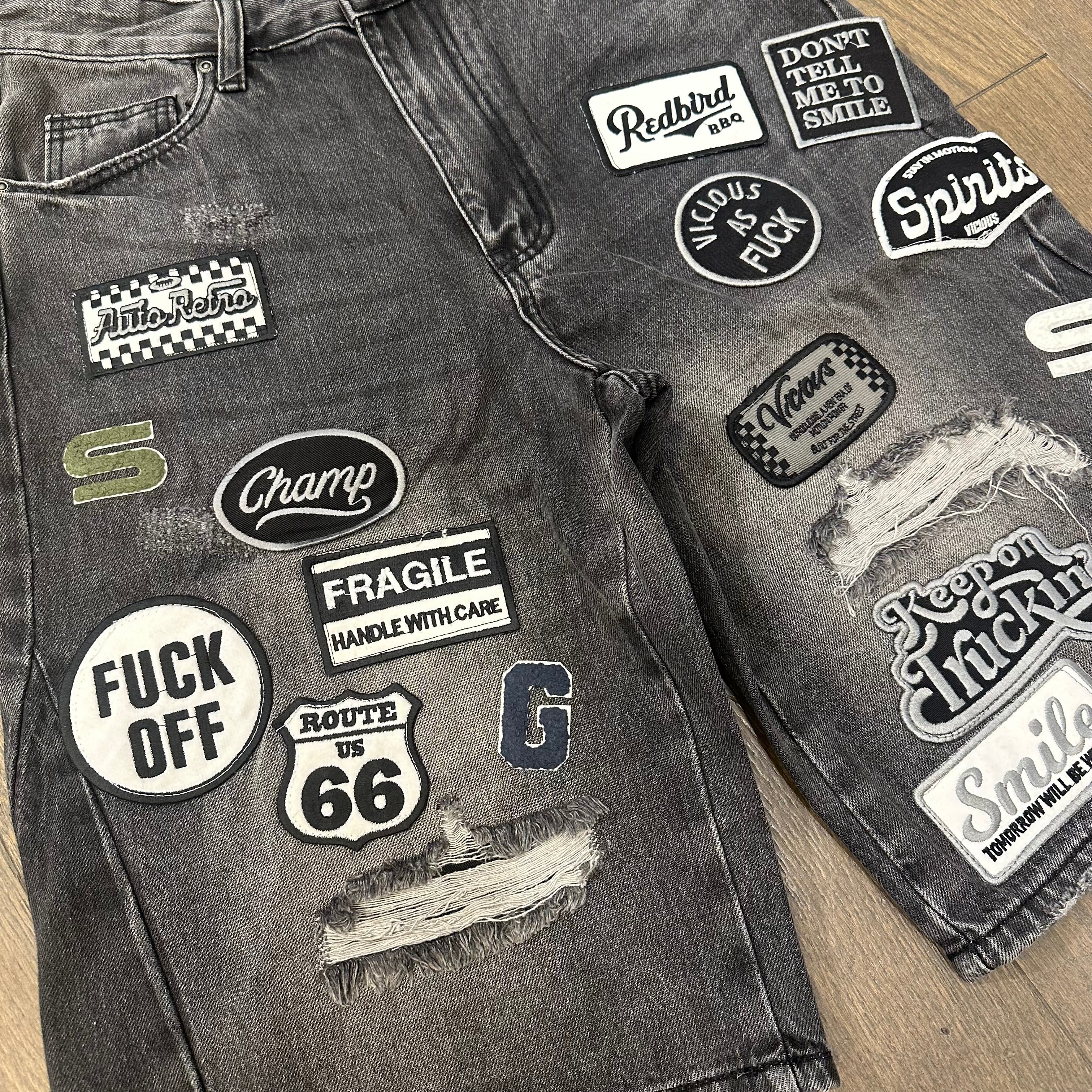 Vicious Moto Patch Work Shorts - Washed Black