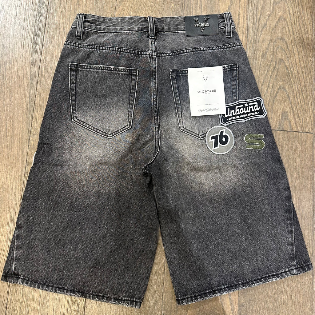 Vicious Moto Patch Work Shorts - Washed Black