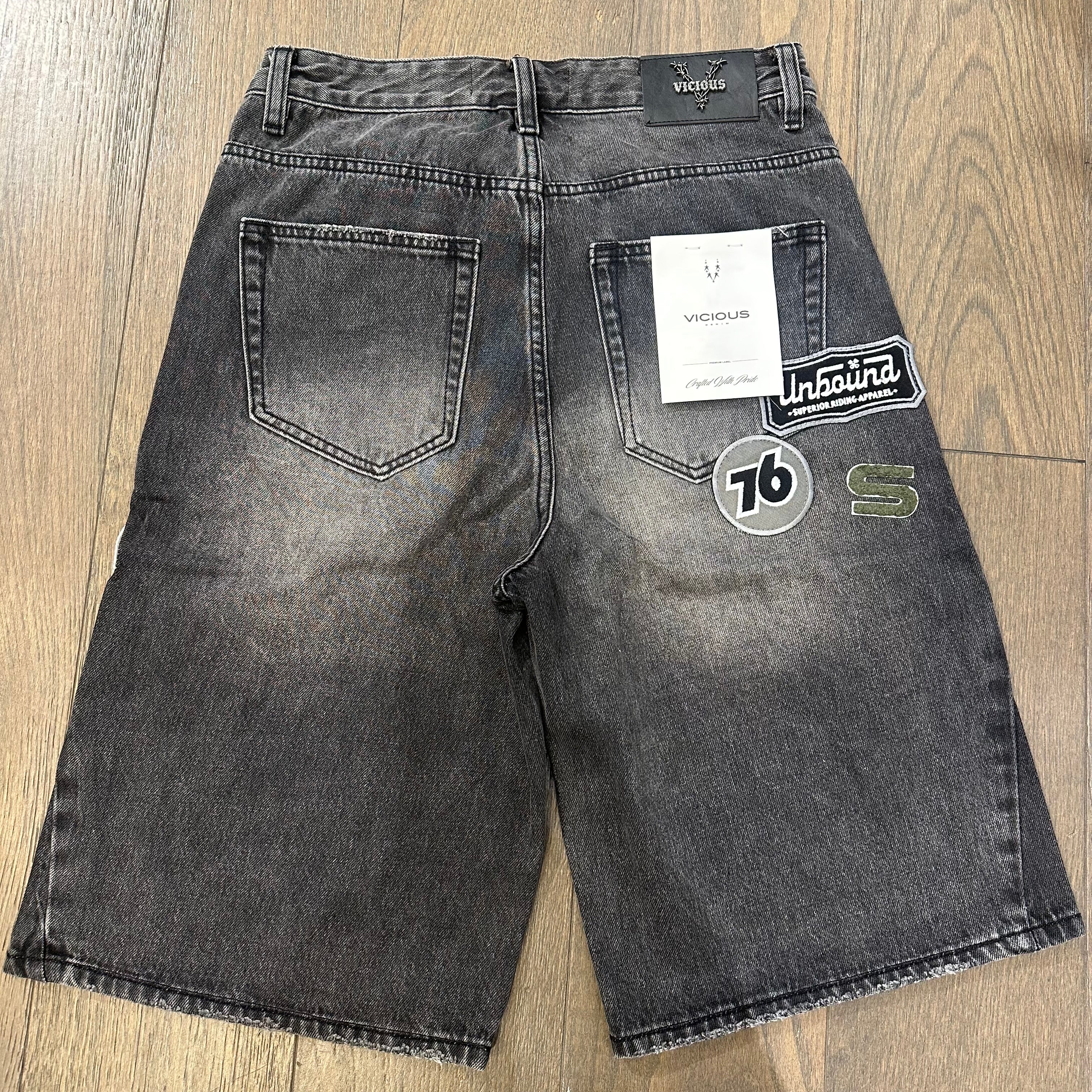 Vicious Moto Patch Work Shorts - Washed Black