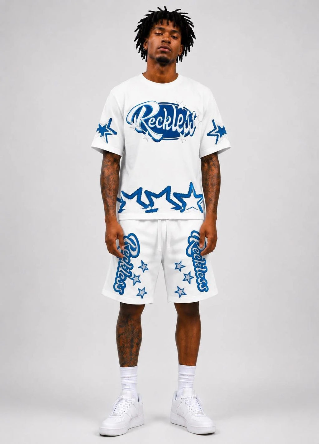 Focus Reckless Rhinestone Star Short Set – Cream/Blue