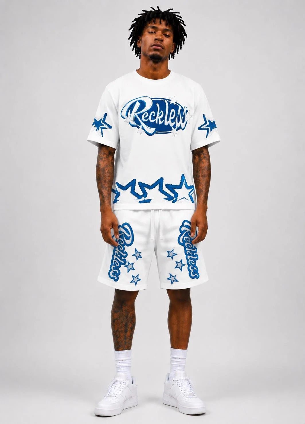 Focus Reckless Rhinestone Star Short Set – Cream/Blue