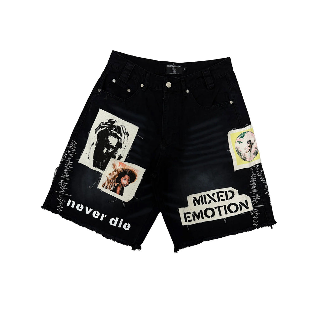 Mixed Emotions Never Die Denim Shorts - Black
