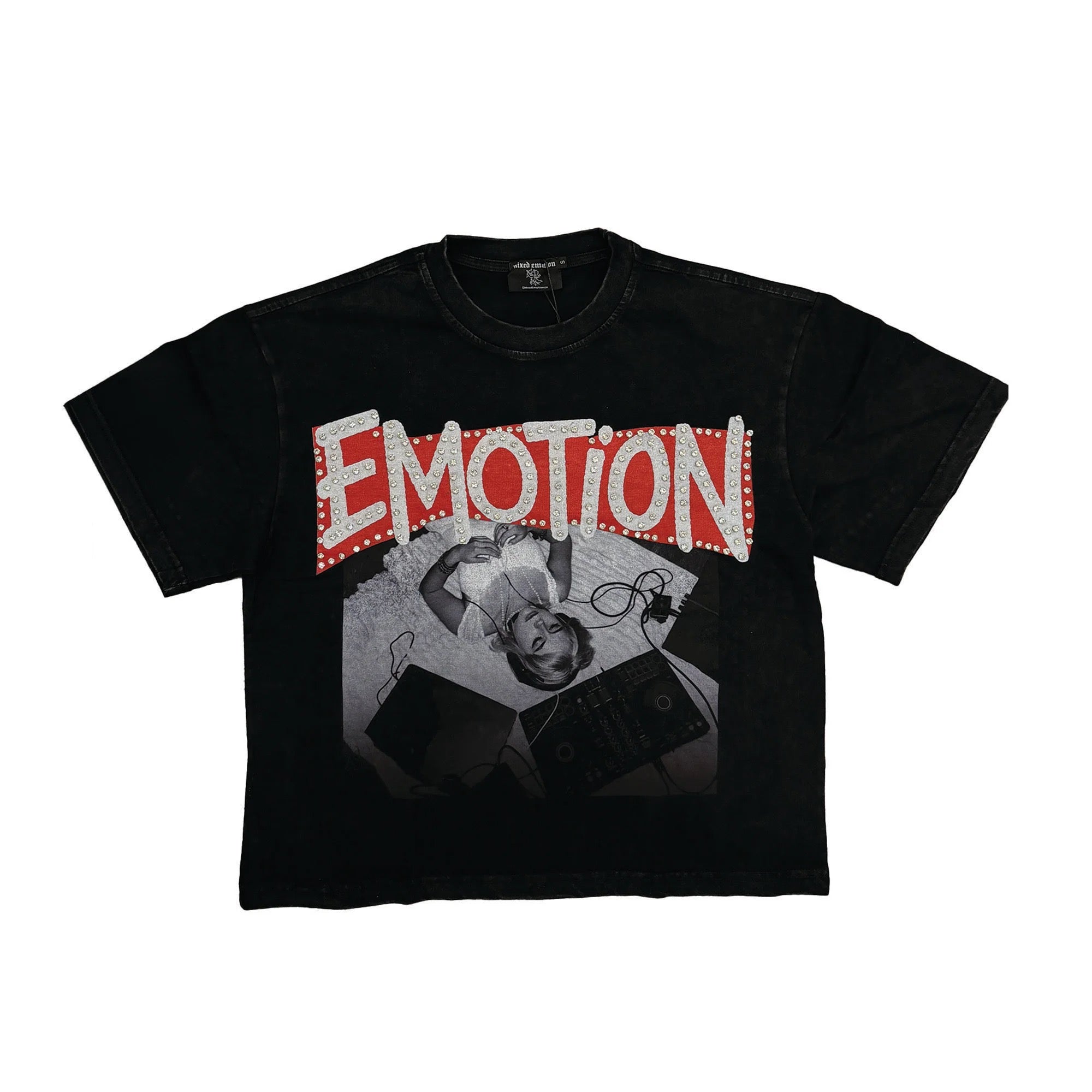 Mixed Emotions Rhinestone Graphic Shirt - Black