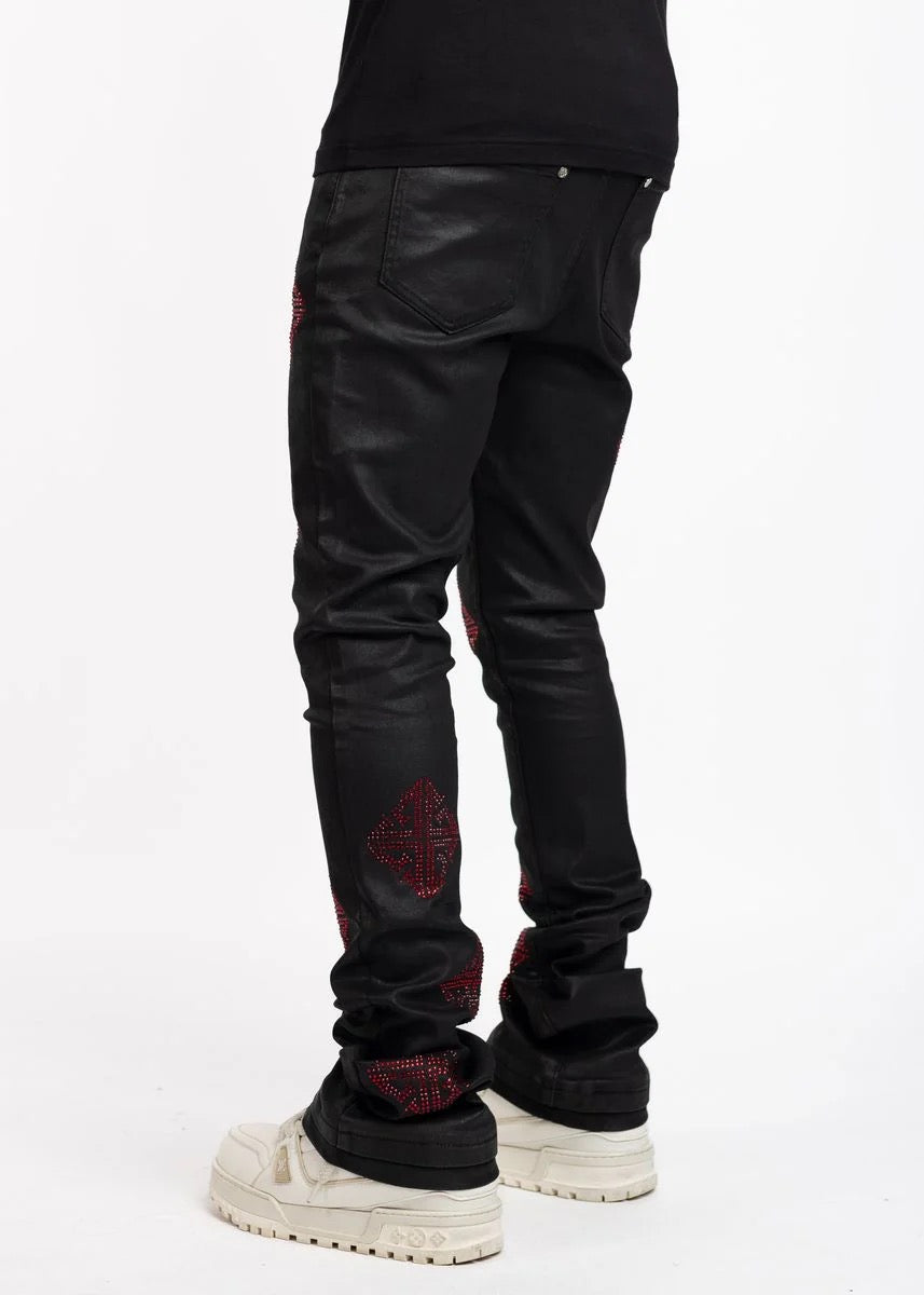GUAPI Stacked Rhinestone Denim - Black/Red
