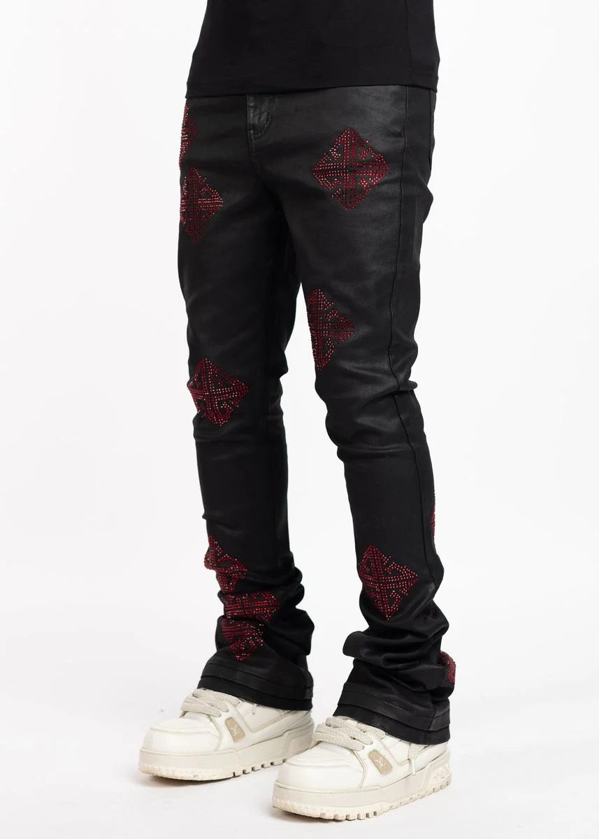 GUAPI Stacked Rhinestone Denim - Black/Red