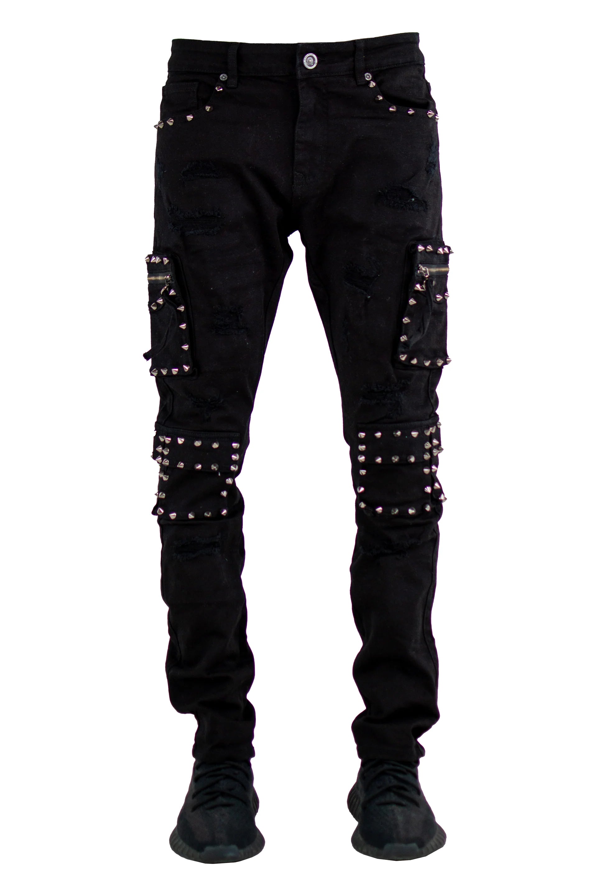 Focus Jet Black Distressed Jeans With Metal Spikes