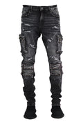 Focus Black Wash Distressed Jeans With Metal Spikes