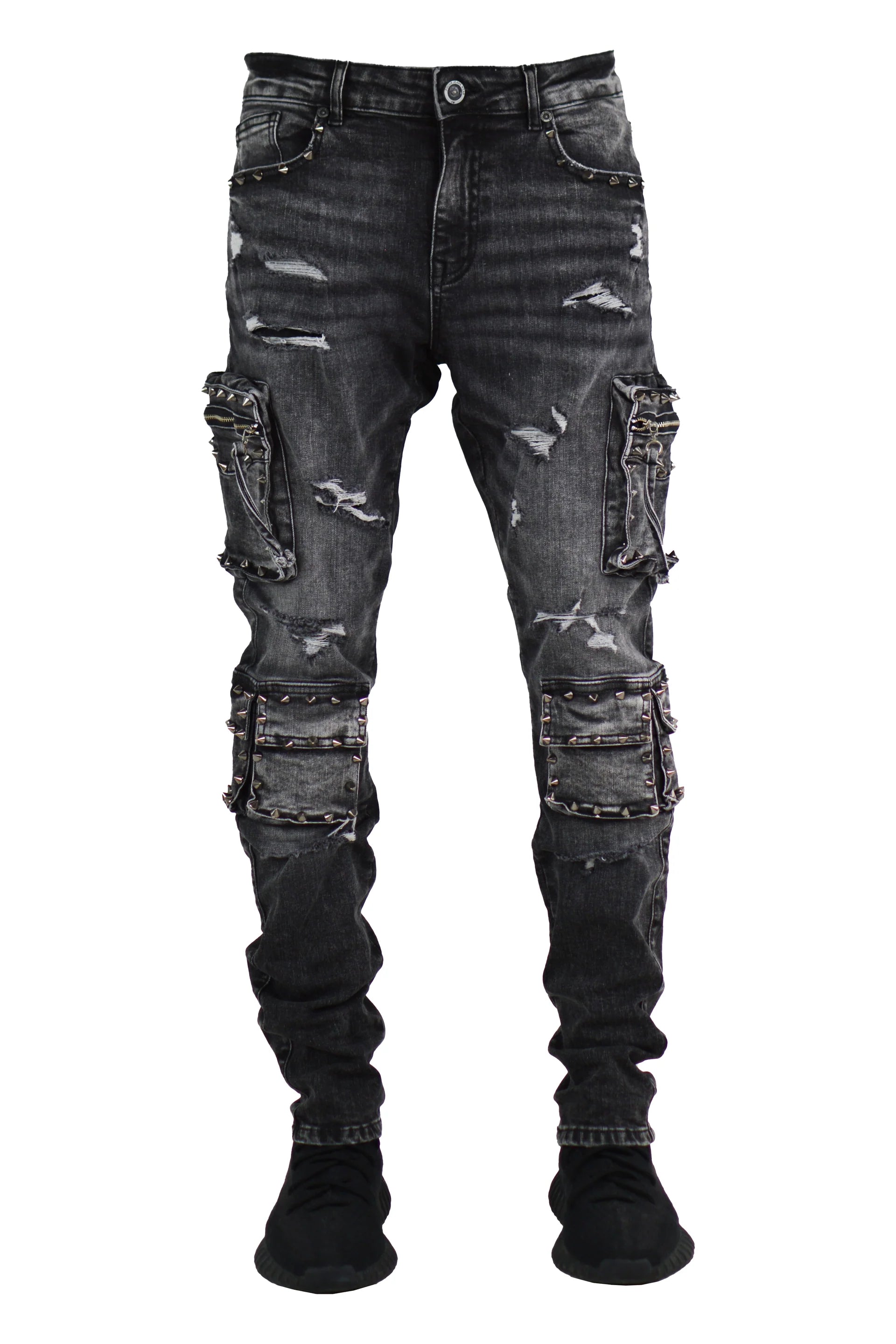 Focus Black Wash Distressed Jeans With Metal Spikes
