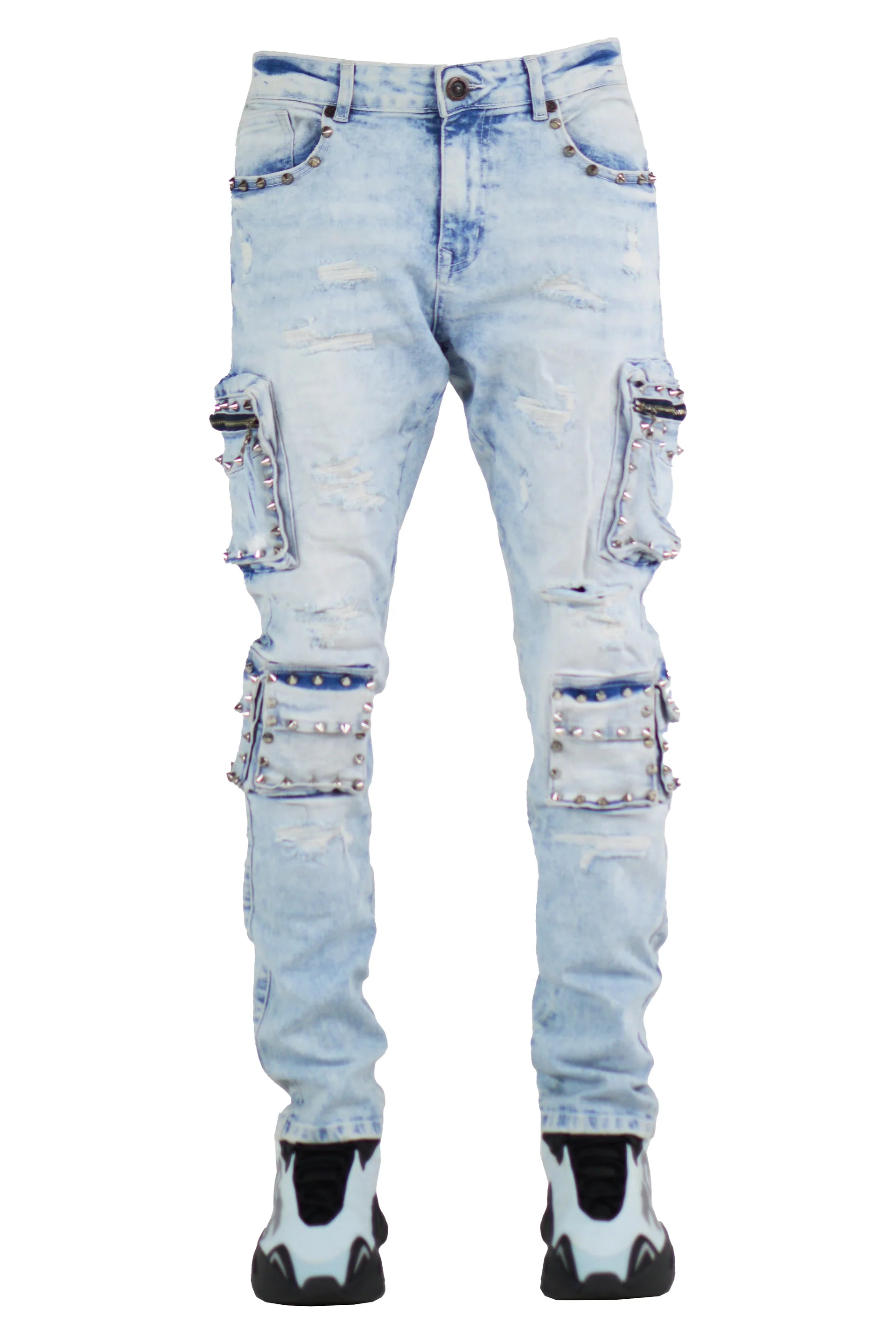 Focus Ice Blue Distressed Jeans With Metal Spikes