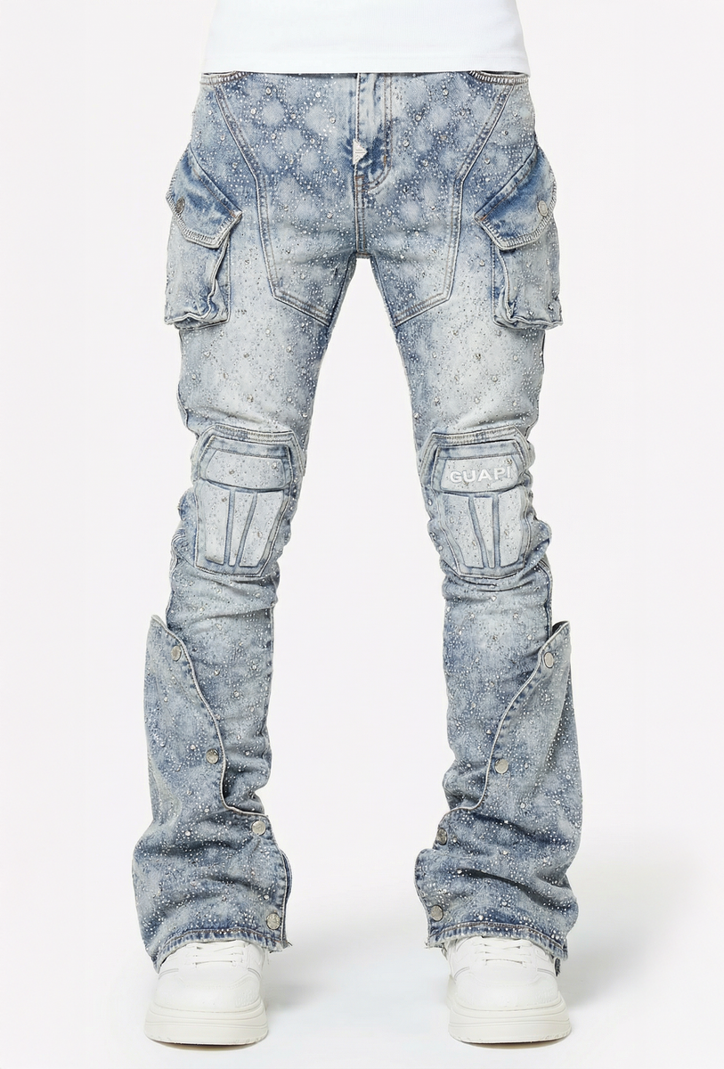 Guapi Aqua Blue Coffin Arc Embellished Jeans