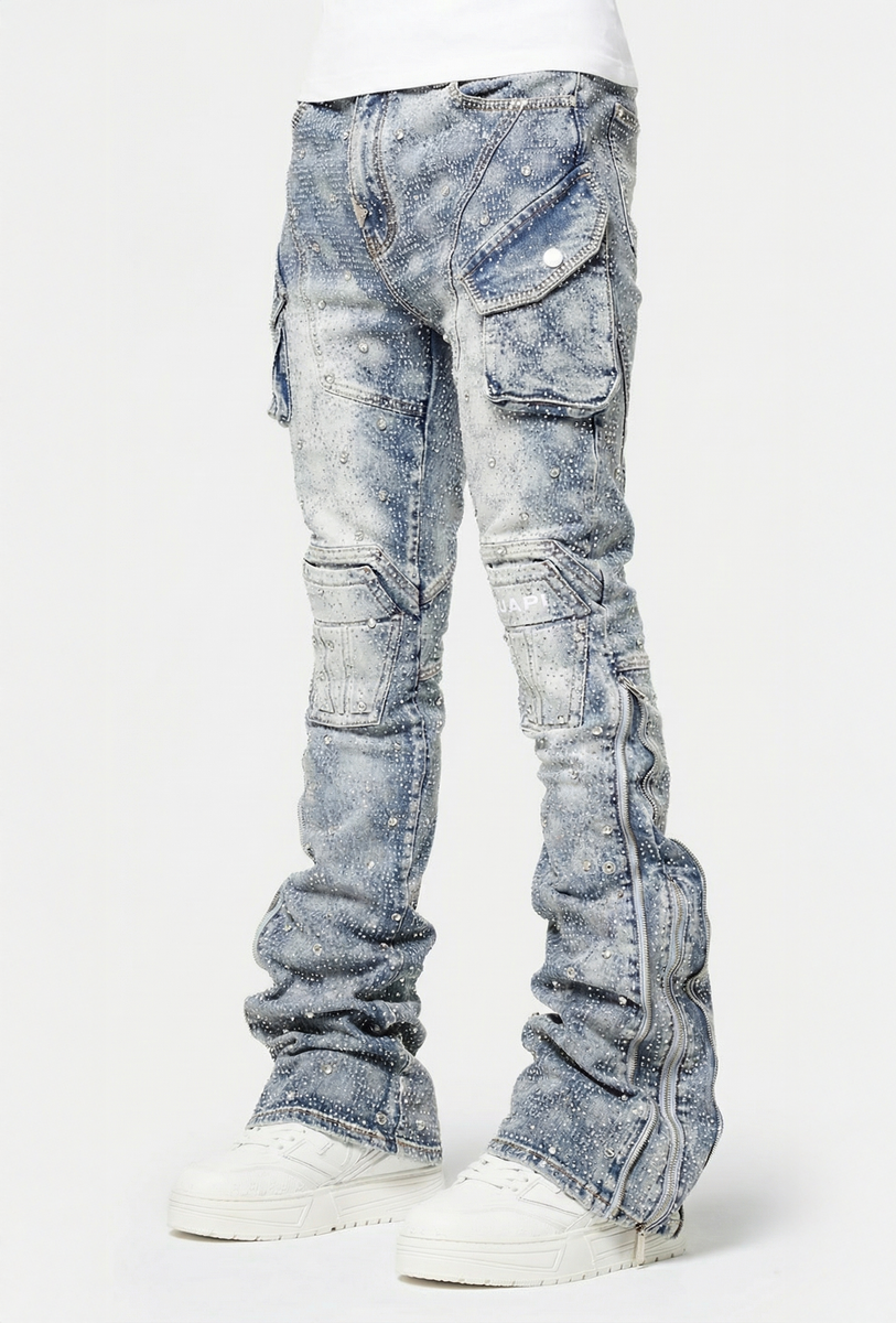 Guapi Aqua Blue Coffin Arc Embellished Jeans