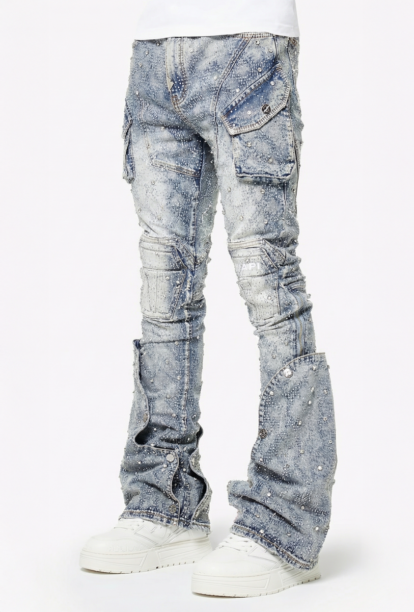 Guapi Aqua Blue Coffin Arc Embellished Jeans